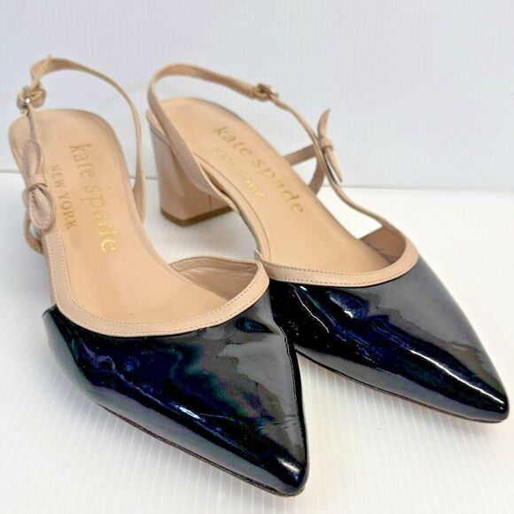 kate spade new york Shoes - Kate Spade Black Midge Bow Patent Leather Slingback Block‎ Heel Pumps Sz. 8.5